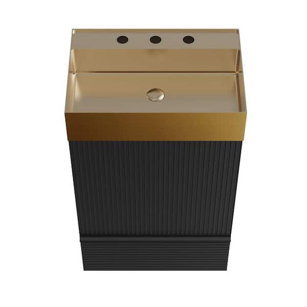 BEANS 20 in. W Single Sink Freestanding Striped Matt Black Bath Vanity with Gold Stainless Steel Top for Modern Bathroom