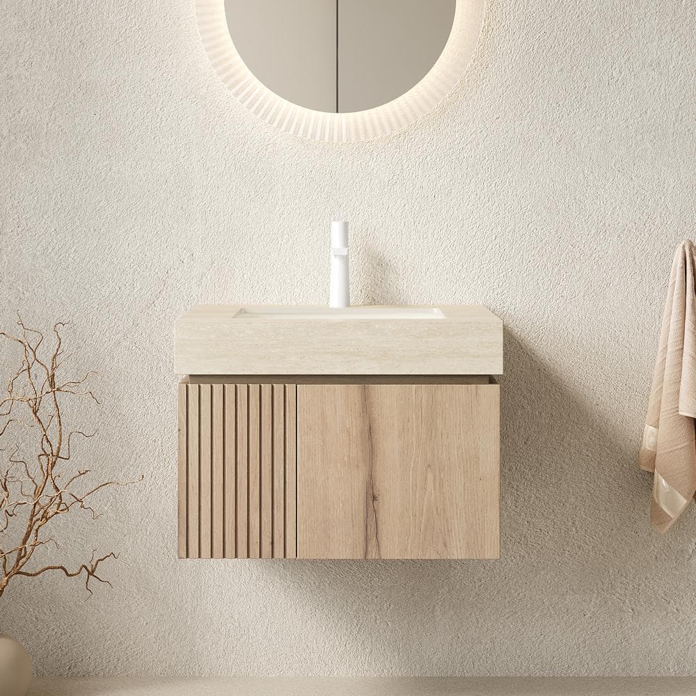 MURI 24 in. Floating Bathroom Vanity with Sink, Roma Travertine Sintered Stone Top, Ceramic Basin, White Oak Woodgrain price history on PriceWatchPro