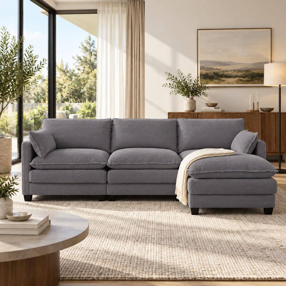 102 in. Square Arm 2-Piece Corduroy L-Shaped Sofa with Movable Ottoman Sectional Sofa in. Gray