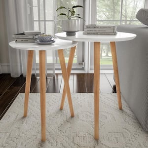 Wooden Nesting Round Tray Top White and Natural Side Tables (Set of 2)