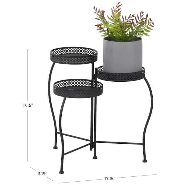 17 in. Black Metal Curved Folding 3 Tier Plantstand with Floral and Scroll Patterns