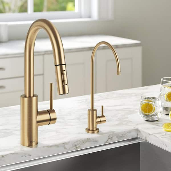 Oletto Single Handle Pull-Down Kitchen Faucet and Purita Beverage Faucet in Brushed Brass