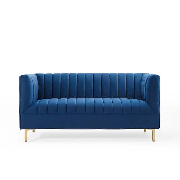 MODWAY Shift 59.5 in. Navy Channel Tufted Velvet 2-Seater Loveseat with Gold Legs