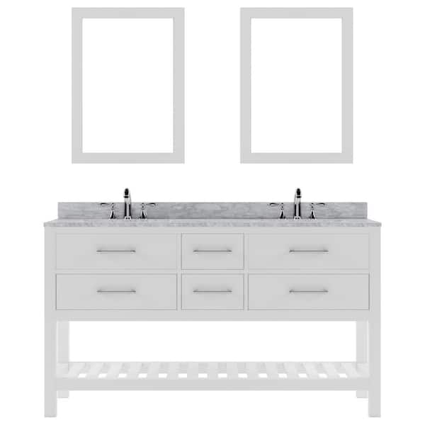 Virtu USA Caroline Estate 60 in. W x 22 in. D x 34 in. H Double Sink Bath Vanity in White with Marble Top and Mirror