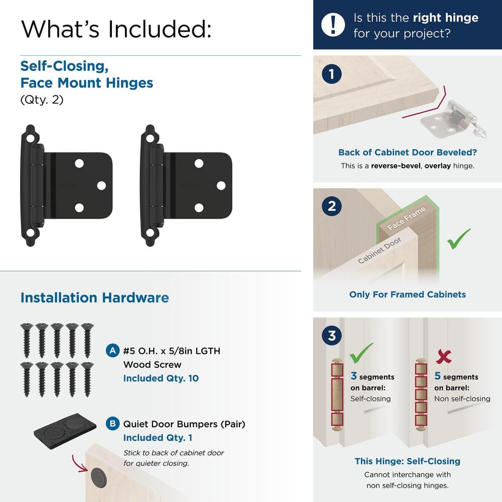 Matte Black Steel Variable Overlay Self-Closing Cabinet Hinges