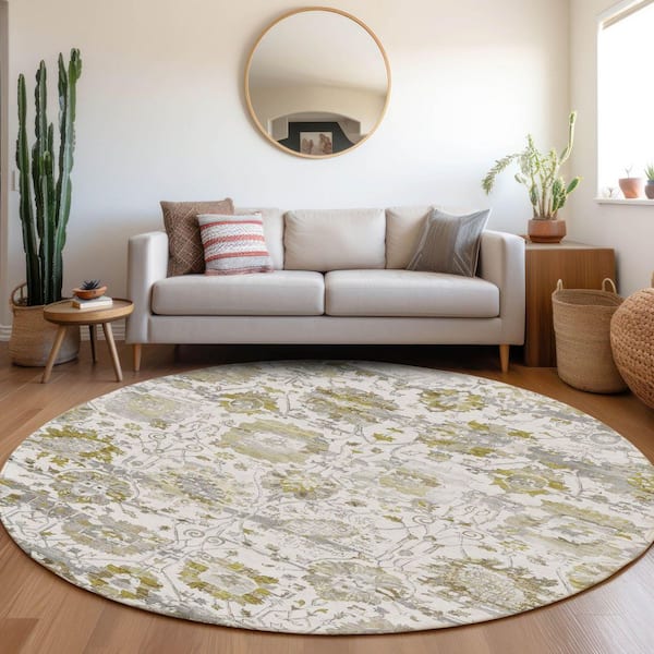 Chantille Machine Washable Indoor/Outdoor Abstract ACN1732 Linen 8 ft. x 8 ft. Round Rug