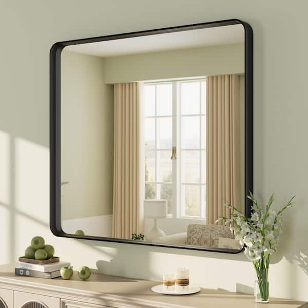 32 in. W x 36 in. H Rectangular Tempered Glass and Aluminum Alloy Framed Wall Bathroom Vanity Mirror in Matte Black