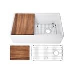 Fireclay 30 in. Single Bowl Farmhouse Apron Front Reversible Kitchen Sink in White with Cutting Board and Grid