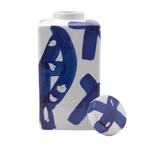 Blue and White Paint Stroke Square Ceramic Ginger Jar, Store Small Household Items or Display Faux Florals, 11 in.