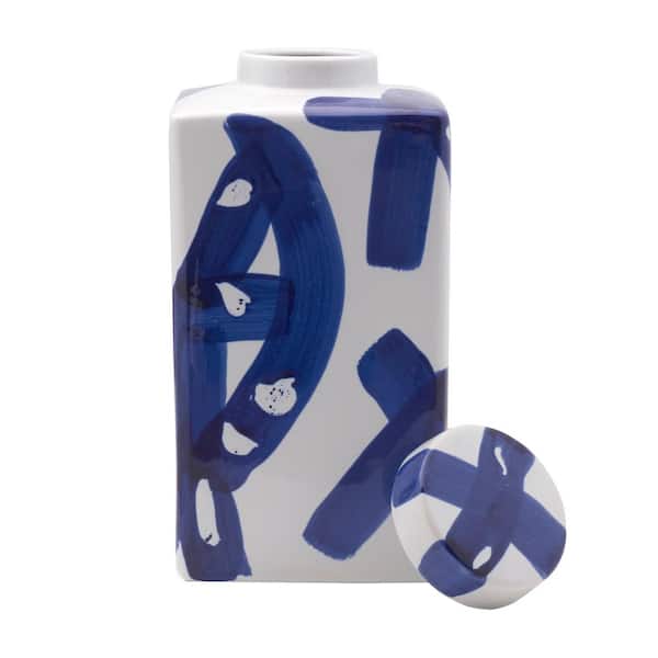 Mikasa Blue and White Paint Stroke Square Ceramic Ginger Jar, Store Small Household Items or Display Faux Florals, 11 in.