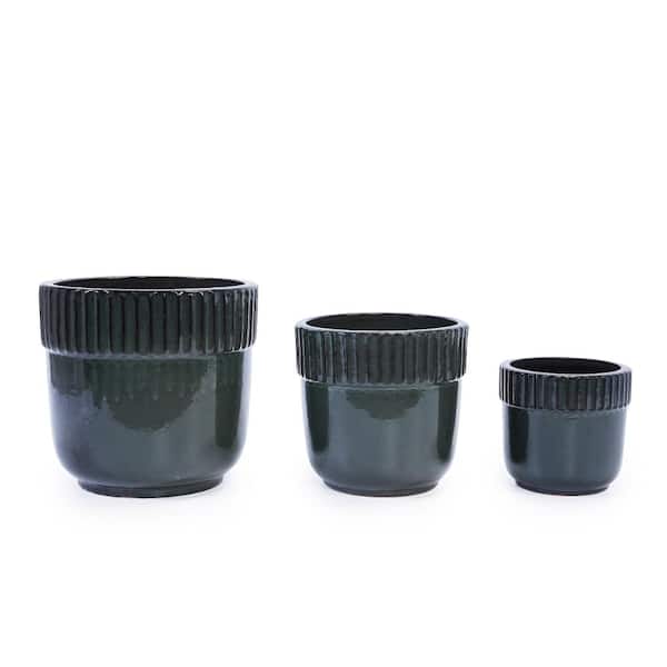 Handmade Ribbed Antique Black Ceramic Planter Set for Indoor and Outdoor Use(Set of 3)