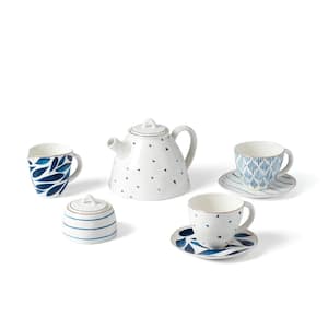 Blue Bay 4-Cup Blue and White Porcelain Tea Pot Set with Cups Saucers and Bowls
