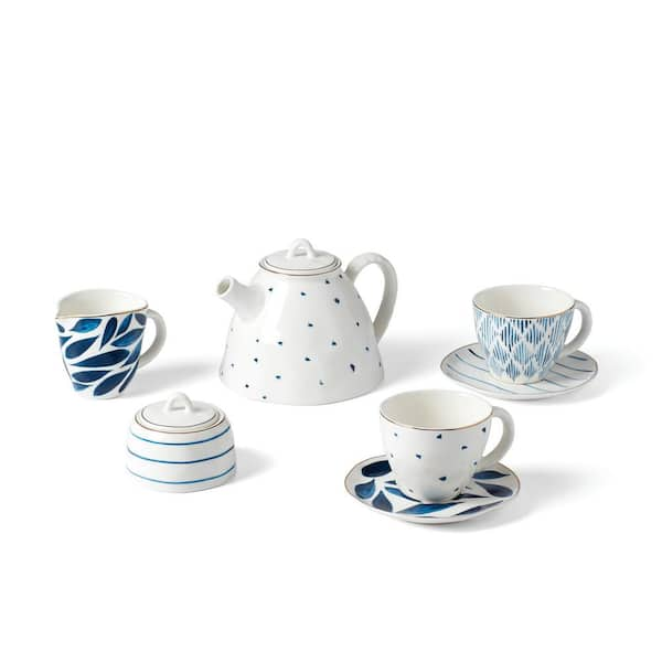 Lenox Blue Bay 4-Cup Blue and White Porcelain Tea Pot Set with Cups ...