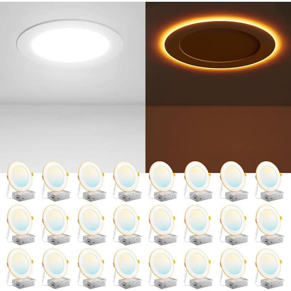 24 Pack LED Recessed Lighting 6 Inch with Night Light, Dimmable 5CCT Canless Ultra Thin Wafer Soffit with Junction Box