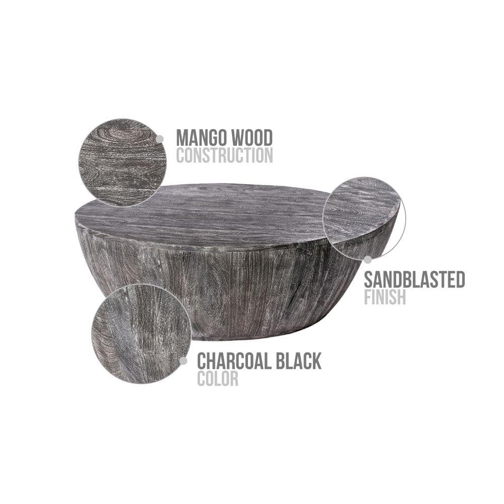 Arthur 36" Sandblasted Black Mango Wood Round Coffee Table