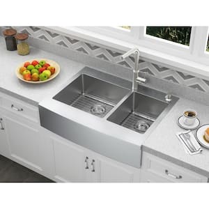 Retrofit Drop-In Stainless Steel 33 in. 2-Hole 60/40 Double Bowl Curved Farmhouse Apron Front Kitchen Sink