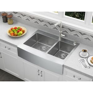 Retrofit Drop-In/Undermount Stainless Steel 33 in. 2-Hole 60/40 Double Bowl Curved Farmhouse Apron Front Kitchen Sink