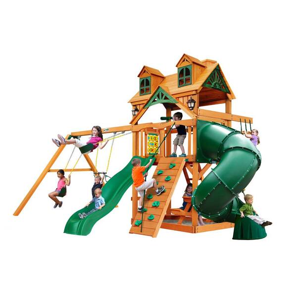 Gorilla Playsets Mountaineer Wooden Swing Set with Malibu Wood Roof and Tube Slide