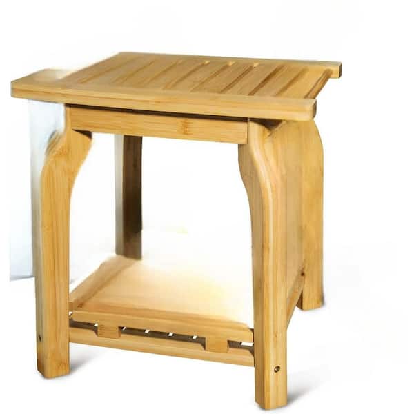 16 in. W Waterproof 2-Tier Wood Shower Stool in Bamboo with Storage Shelf for Seniors Adults Disabled
