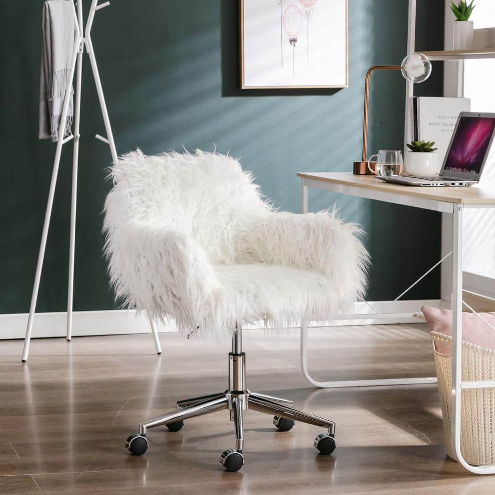 mieres Modern White Faux Fur Accent Chair Height Adjustable Swivel Cute Fluffy Vanity Accent Chair for Office Dressing Room QTW21234444 The Home