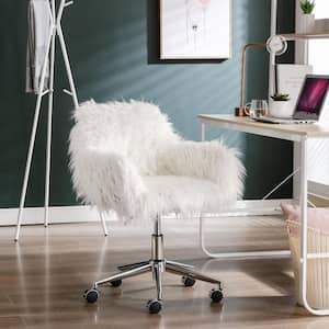 Modern White Faux Fur Accent Chair, Height Adjustable Swivel Cute Fluffy Vanity Accent Chair for Office, Dressing Room