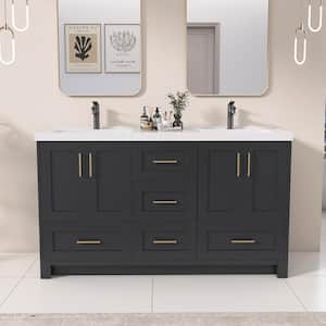 60 in. W x 22 in. D x 36 in. H Bathroom Vanity Double Sink Bath Vanity Cabinet in Dark Gray with White Solid Resin Top