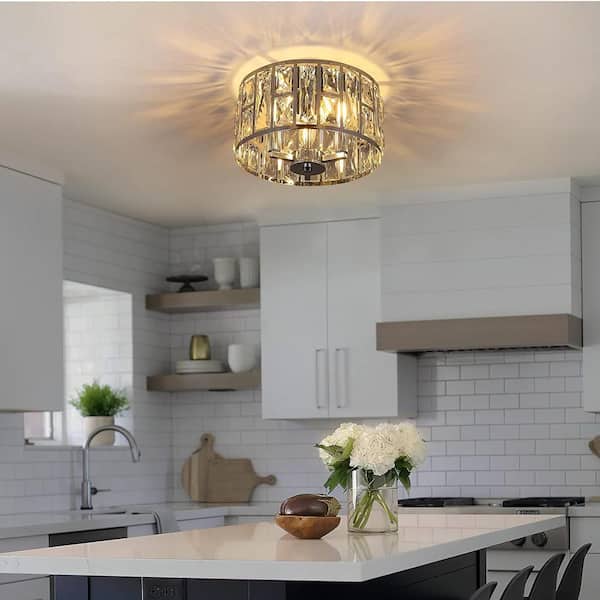 12 in. 3-Light Modern Chrome Crystal Flush Mount Ceiling Light Fixture for Kitchen or Bedroom