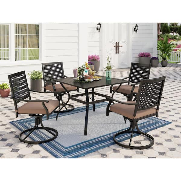 PHI VILLA 5-Piece Metal Patio Outdoor Dining Set with Square Table and Bull's Eye Pattern Swivel Chairs with Beige Cushions
