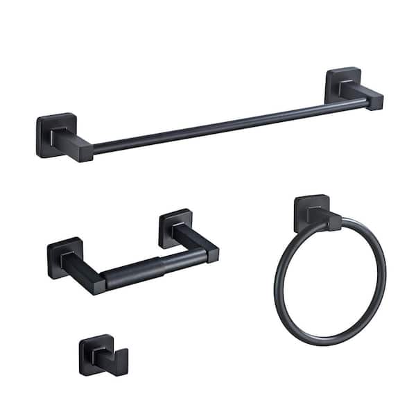 4-Piece Bath Hardware Set Included Towel Bar, Towel Ring, Robe Towel Hooks and Toilet Paper Holder in Matte Black