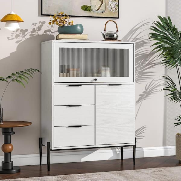 FUNKOL 33.46 in. x 15.74 in. x 47.2 in. White Particleboard Ready to Assemble Kitchen Cabinet w/1 Glass Door 3-Drawers & 1-Door