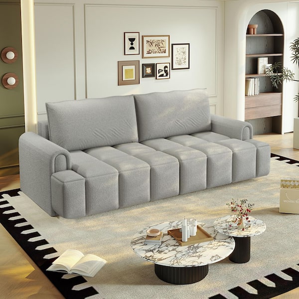 Trevor 90.2 in. Rolled Arm Teddy Fabric Rectangle 3-in-1 Convertible Sofa in Light Grey with Seats Storage