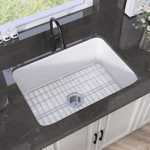 27 in. Drop In Sink White Single Bowl Kitchen Sink Fireclay Farmhouse Sink with Basin Rack Undermount Kitchen Sink