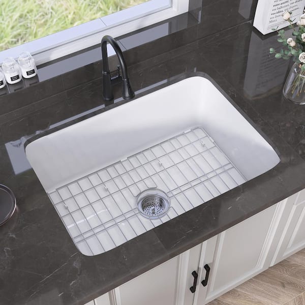 NTQ 27 in. Drop In Sink White Single Bowl Kitchen Sink Fireclay Farmhouse Sink with Basin Rack Undermount Kitchen Sink