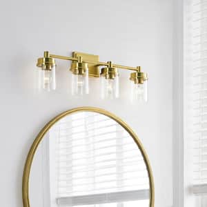 29.8 in. 4-Light Antique Brass Bathroom Vanity Light with Clear Glass Shade