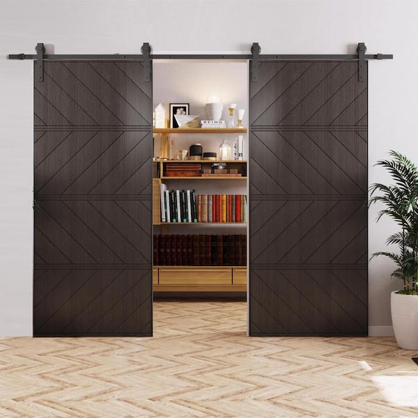72 in. x 84 in. Black, Wood Panel Textured, MDF and PVC Covering, Finished Barn Door Slab with Barn Door All Hardware