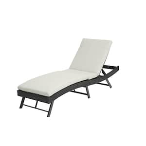 Black Wicker Outdoor Folding Chaise Lounge with Adjustable Back, Beige Cushions for Garden, Patio, Porch, Balcony