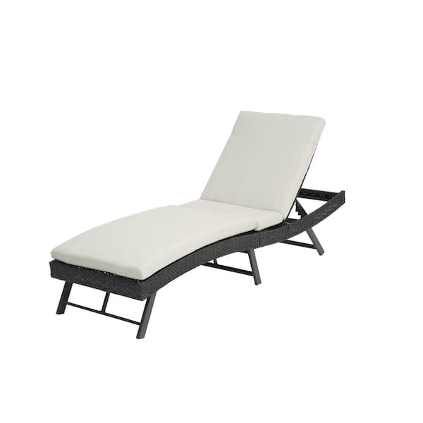 Zeus & Ruta Black Wicker Outdoor Folding Chaise Lounge with Adjustable Back, Beige Cushions for Garden, Patio, Porch, Balcony