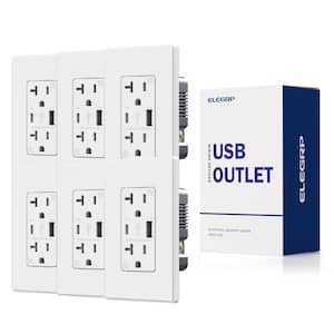 21W USB Wall Outlet with Type A and Type C USB Ports, 20 Amp Tamper Resistant, with Screwless Wall Plate,White (6 Pack)