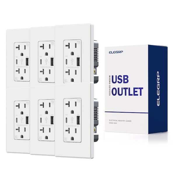 21W USB Wall Outlet with Type A and Type C USB Ports, 20 Amp Tamper Resistant, with Screwless Wall Plate,White (6 Pack)
