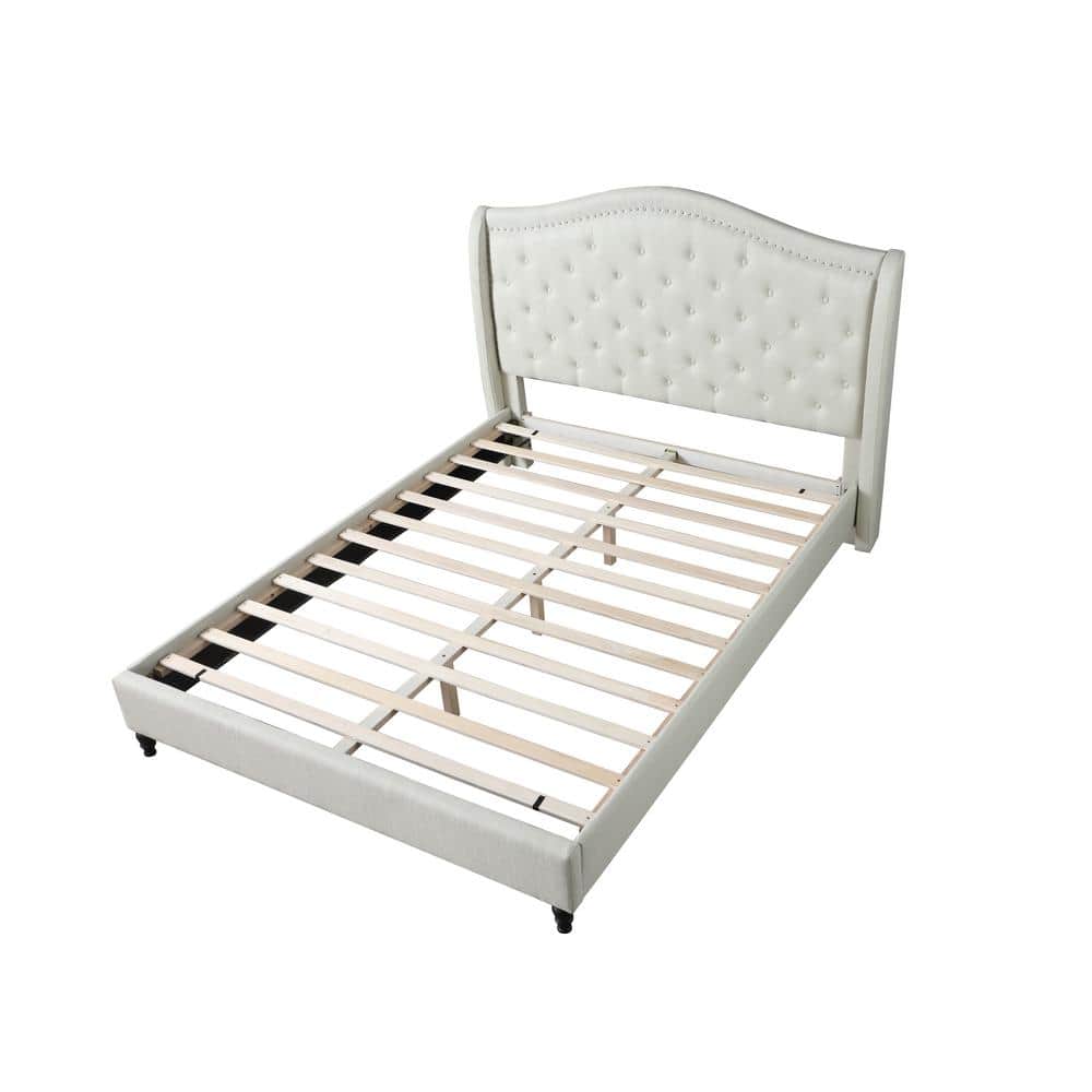 King Cream Upholstered Tufted Platform Bed with Nailhead Trim