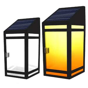 Black Solar LED Outdoor Wall Lantern Frost Panel Sconce with Amber or White Light