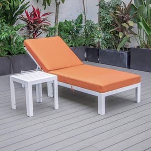 Chelsea Modern White Aluminum Outdoor Patio Chaise Lounge Chair with Side Table and Orange Cushions