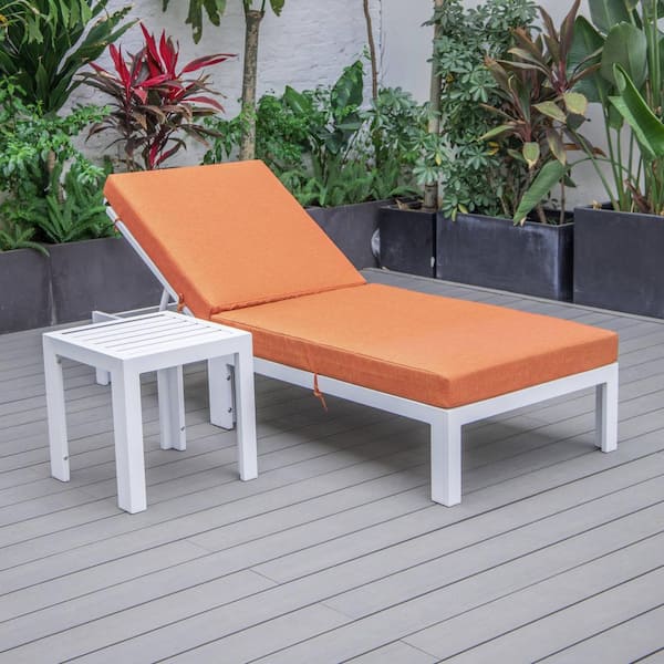 Leisuremod Chelsea Modern White Aluminum Outdoor Patio Chaise Lounge Chair with Side Table and Orange Cushions