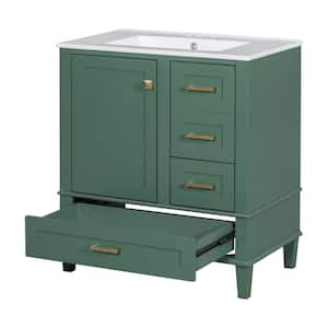 30 in. W x 18 in. D x 34 in. H Single Sink Bath Vanity in Green with White Ceramic Top, Drawers and Soft Closing Door