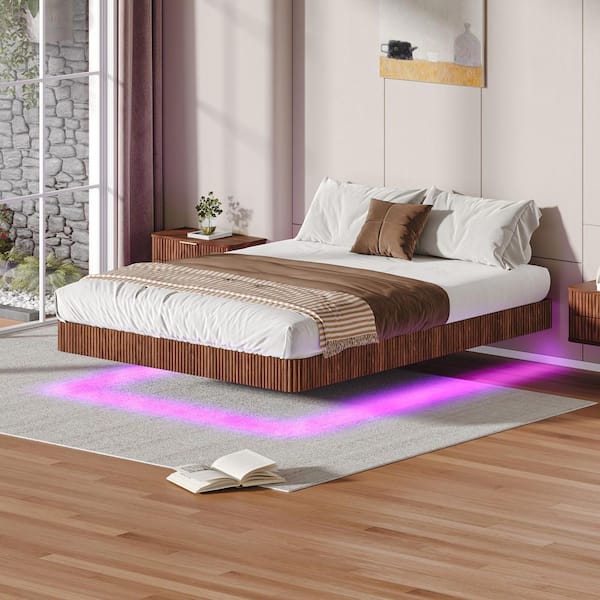 Erwin Walnut Brown Wood Frame Queen Floating Platform Bed with LED Lights, Curve Wood Texture, Metal Slats