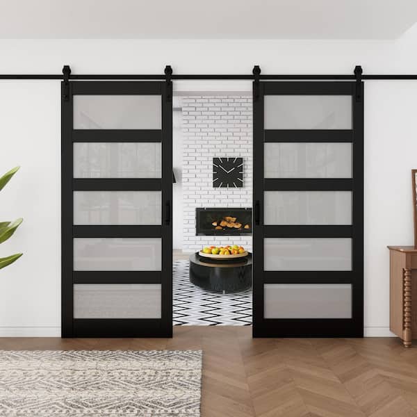 72 in. x 84 in. Waterproof 5-Lite Tempered Frosted Glass Black Finished MDF Sliding Barn Door with Hardware Kit
