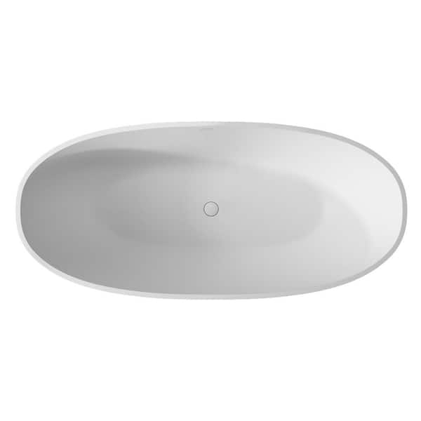 65 in. Stone Resin Solid Surface Flatbottom Non-Whirlpool Soaking Bathtub in White with Brass Drain
