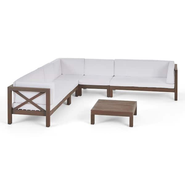 Noble House Brava Grey 6-Piece Wood Outdoor Patio Conversation Sectional Seating Set with White Cushions