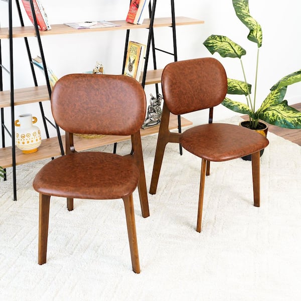 Noble House Linette Mid-Century Modern Brown and Natural PU Leather Upholstered Dining Chair, Solid Wood Legs (Set of 2)