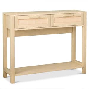 39.38 in. Burlywood Rectangle MDF Console Table with 2 Rattan Look Drawers and 1 Shelf